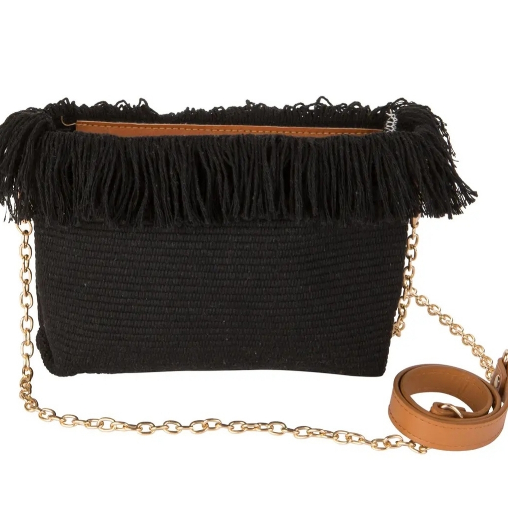 Black Fringe Crossbody Bag with Gold Chain Strap
